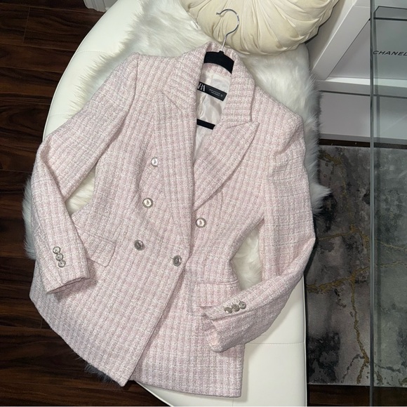 Zara Jackets & Blazers - ZARA Pink Tweed Double-Breasted Blazer Jacket